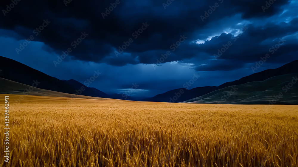 A breathtaking view of a golden field under a dramatic sky filled with dark clouds