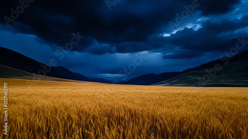 Obraz na płótnie A breathtaking view of a golden field under a dramatic sky filled with dark clouds w salonie