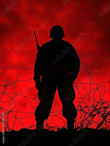 A soldier standing in silhouette with a rifle, surrounded by barbed wire against a dramatic red sky.