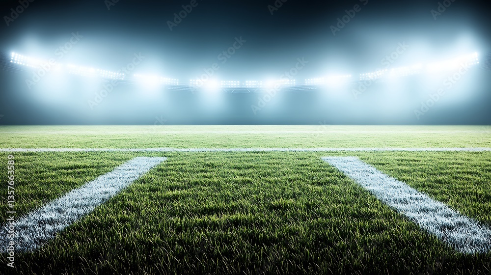 Obraz premium A vibrant green stadium field illuminated brightly by stadium floodlights