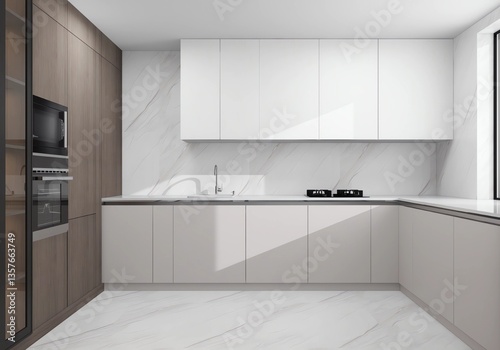 Wallpaper Mural This modern kitchen features a sleek L-shaped design with white and wood cabinetry, built-in appliances, marble surfaces, and minimalist aesthetics for a bright and functional space Torontodigital.ca
