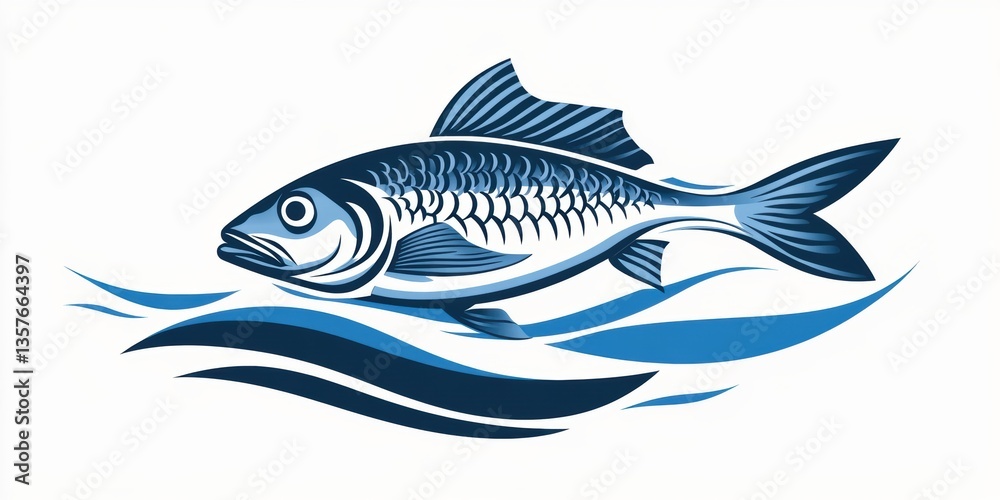 Fototapeta premium Graceful Blue Fish Swimming in Stylized Waves - Symbolic Illustration for Aquatic Themes and Design