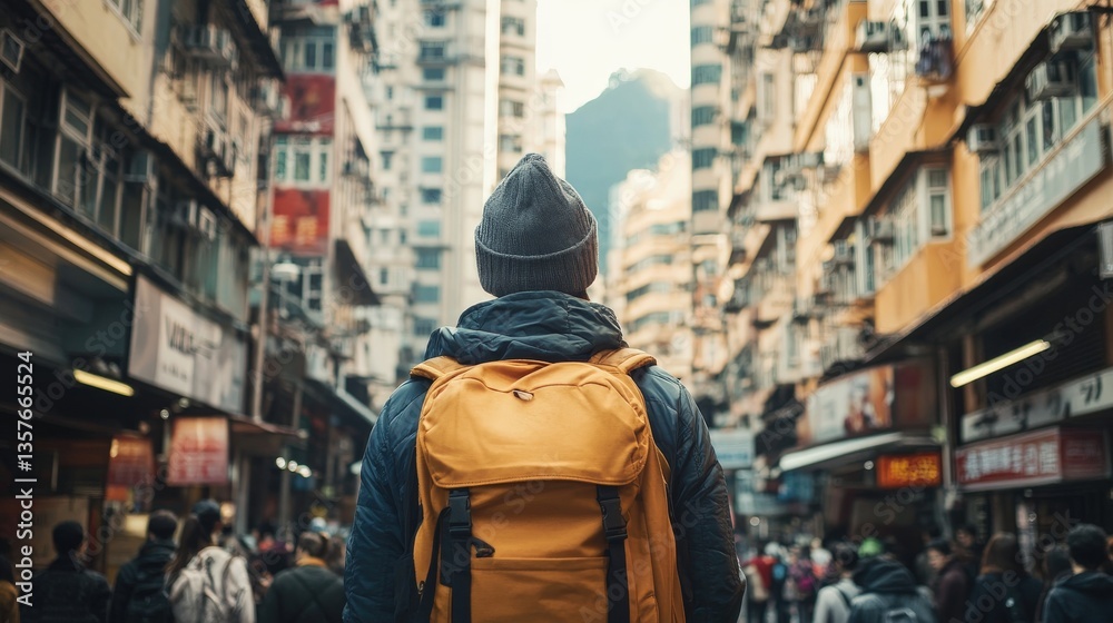 Obraz premium Person stands looking up in a crowded urban city environment