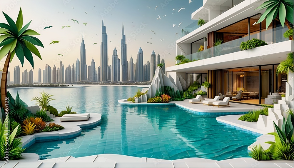 Fototapeta premium luxury villa with private pool overlooking a bustling city skyline at sunset.