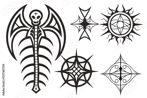 20 Dark tribal tattoo designs, gothic symmetrical patterns, intricate black and white illustrations, biomechanical skeletal motifs, sharp spiky shapes, ornate vertical emblems, mystical symbolic icons