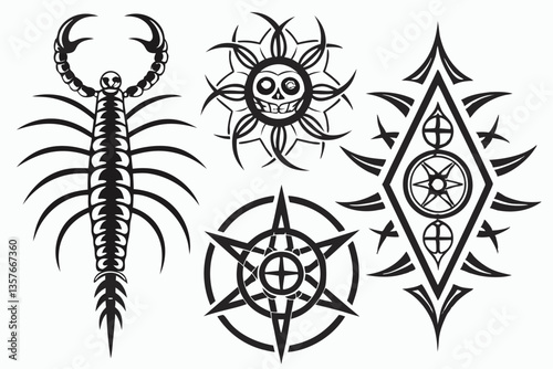20 Dark tribal tattoo designs, gothic symmetrical patterns, intricate black and white illustrations, biomechanical skeletal motifs, sharp spiky shapes, ornate vertical emblems, mystical symbolic icons