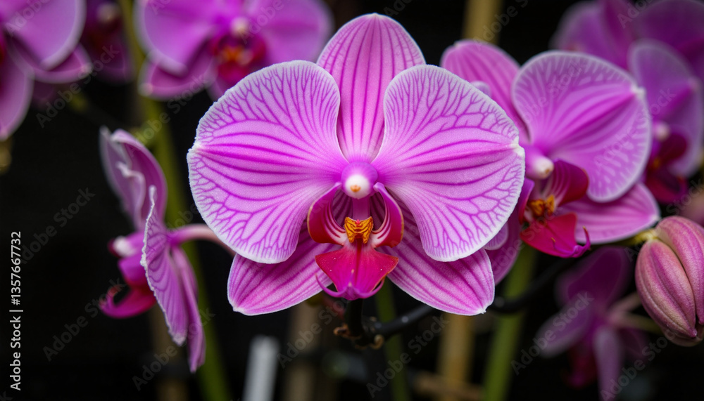 Vibrant pink orchids blooming under spotlight, botanical wonder Vibrant pink orchids blooming under spotlight, botanical wonder
