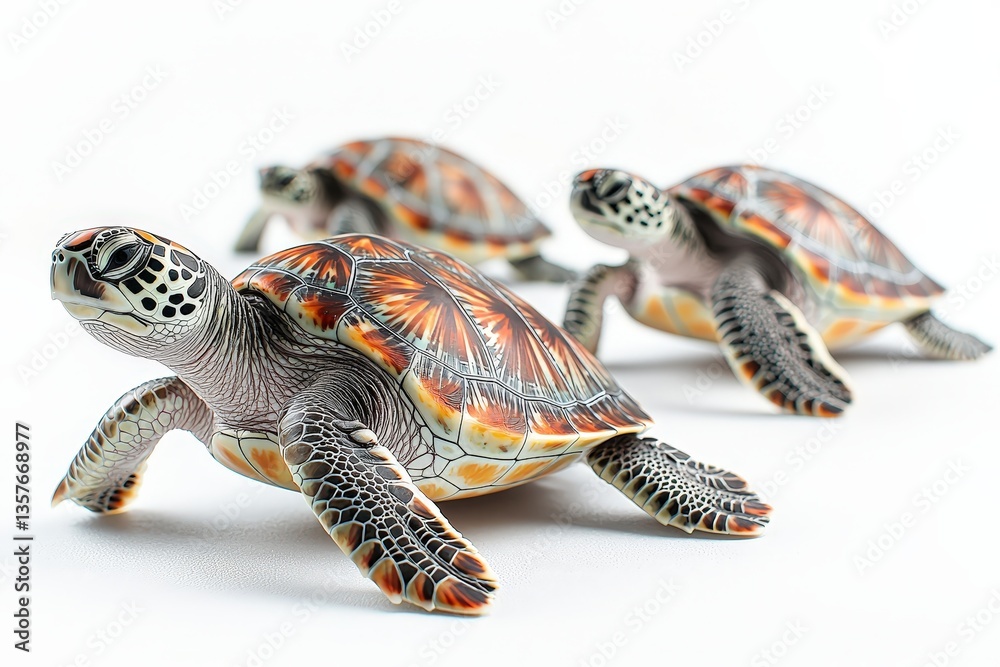 Fototapeta premium Colorful sea turtles on white background: vibrant wildlife artistry