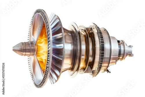 Detailed close up of a turbofan jet engine, showcasing intricate metallic components and a glowing orange combustion