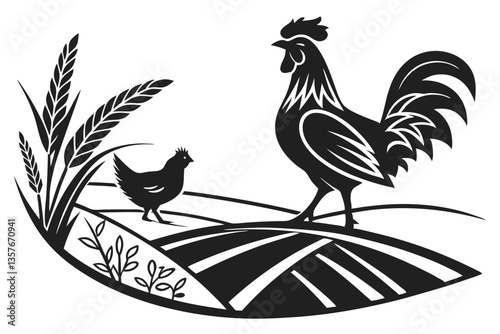 21 Silhouette, rooster, chicken, black and white, minimalist, profile view, standing pose, graphic design, sharp contrast, simplified shape, farm animal, poultry, bold outline, striking image, clean l