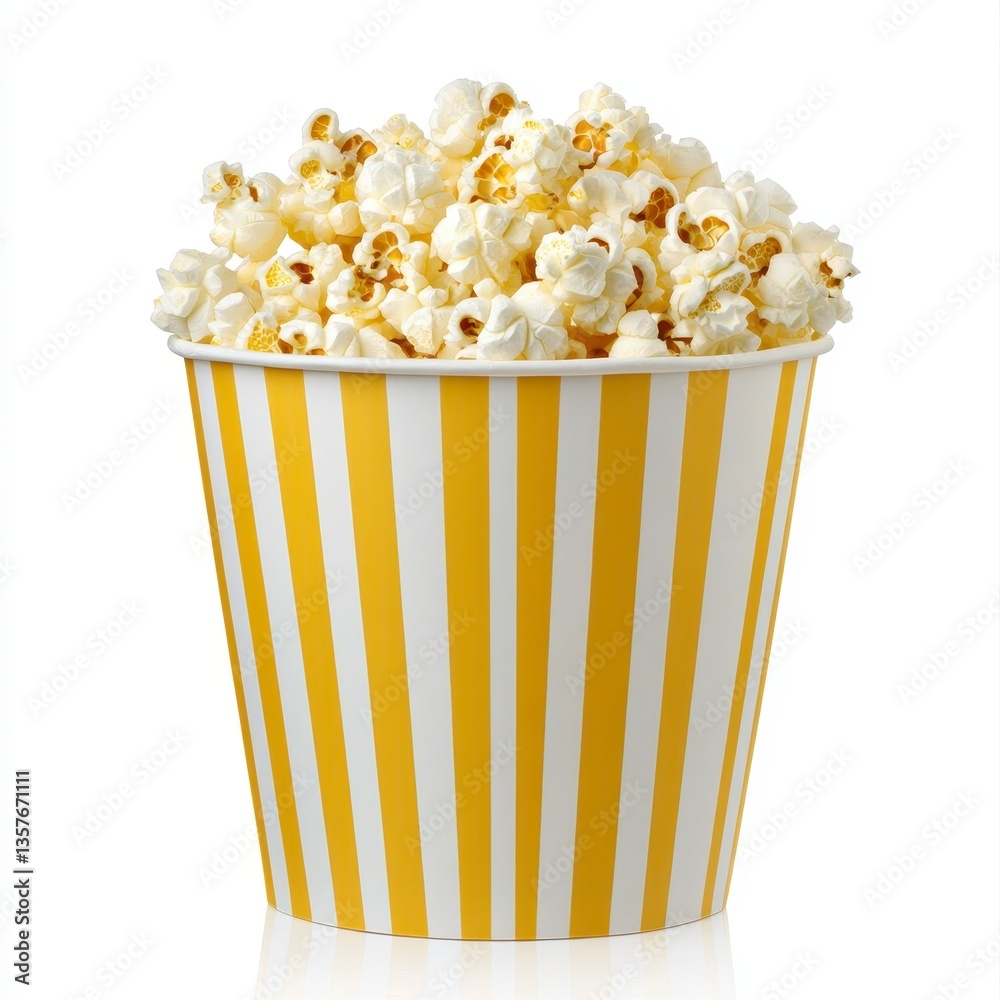 A full bucket of popcorn against a white background. The bucket is yellow and white striped. The popcorn is fluffy A full bucket of popcorn against a white background. The bucket is yellow and white striped. The popcorn is fluffy