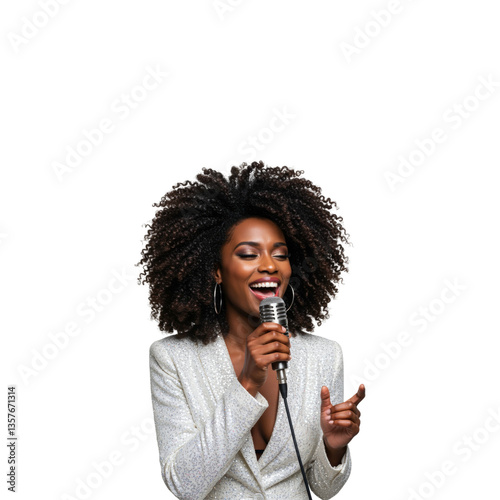 Beautiful african american woman singer in white glitter stage costume singing into microphone on transparent background. Music and singing