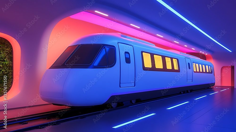 Naklejka premium A futuristic train travels through a neon lit colorful tunnel