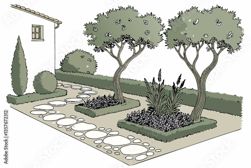 22 Mediterranean garden, olive trees, lavender bushes, gravel path, topiary spheres, white pebbles, purple flowers, green foliage, symmetrical layout, landscaped design, tranquil atmosphere, drought-r