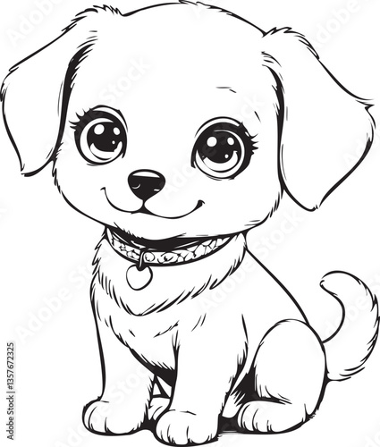 This cute puppy, drawn in doodle style, looks charming and playful. It is drawn with simple, slightly careless lines, which gives the drawing lightness and funny dynamics.