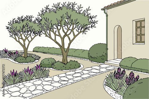 22 Mediterranean garden, olive trees, lavender bushes, gravel path, topiary spheres, white pebbles, purple flowers, green foliage, symmetrical layout, landscaped design, tranquil atmosphere, drought-r