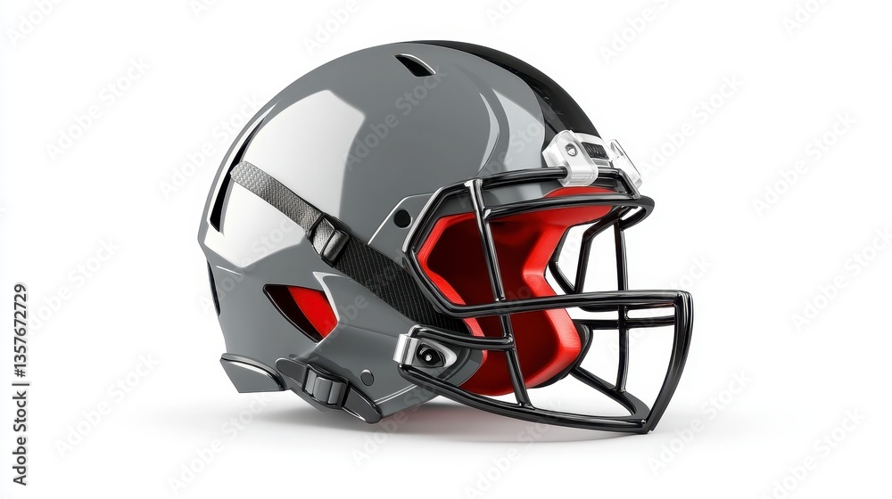 Naklejka premium Gray and black football helmet with red accents, shown in a three quarter view against a white background