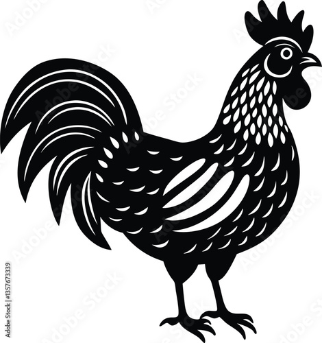Silhouette of a Rooster, Decorative Black and White Animal Illustration, Bird Icon