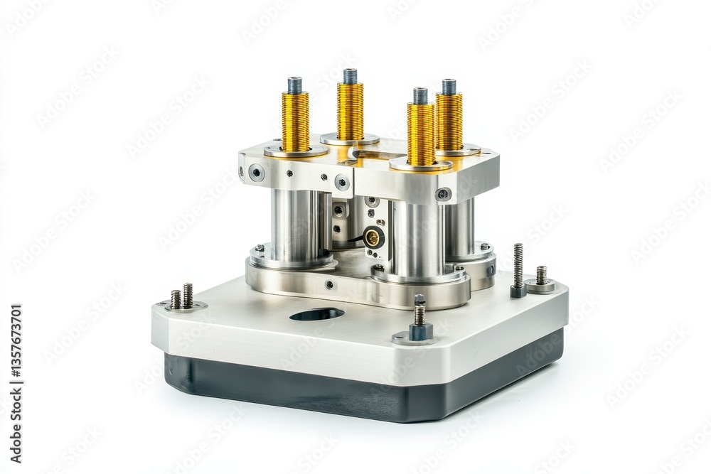Close up view of a metallic industrial component with multiple cylindrical elements and springs against a white Close up view of a metallic industrial component with multiple cylindrical elements and springs against a white
