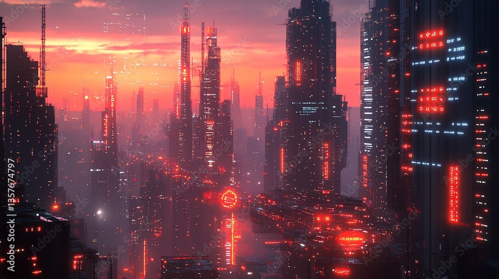 Fototapeta premium Futuristic cityscape at sunset, vibrant red glow illuminates towering structures