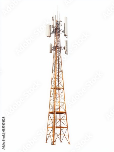 Tall metal telecommunication tower against a white background. The tower is rusty orange with white antennas at the