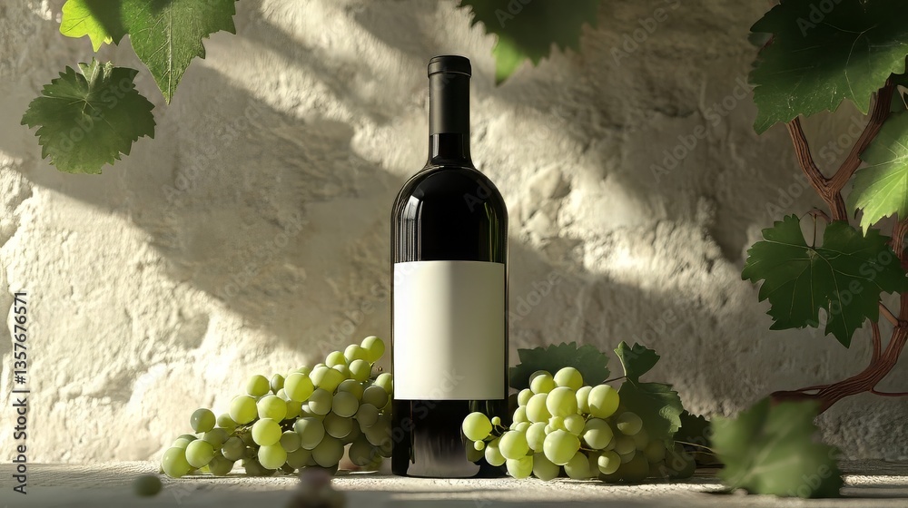 Fototapeta premium Stylish Wine Bottle in Sunlight with White Grapes