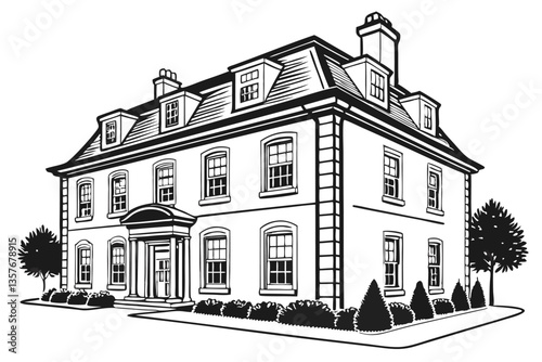 25 Black and white illustration, Georgian-style house, symmetrical facade, three dormer windows, four chimneys, double-story building, ornate windows, central front door, topiary trees, detailed archi
