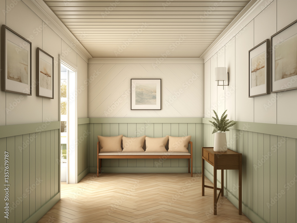 Fototapeta premium Modern hallway with wainscotting wall panelling in neutral and light sage. Hall with wood panels, minimalist natural wood furniture and artwork on the wall.