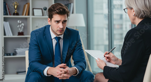 Young man feeling anxious during job interview in modern office  