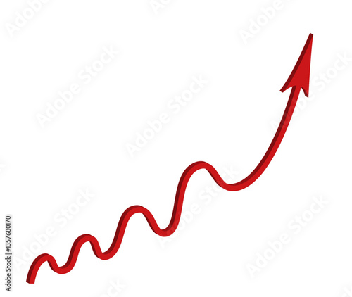 Red 3d large wavy arrow symbol up. Inflation Bar chart. Decline growth graph. Rising price. Finance. Economy. Financial planning. Global crisis concept. Recession. Falling income. Profit drop. Cut out