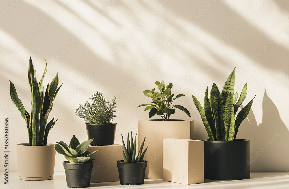 Fototapeta premium Various potted plants arranged on a black wooden table with white boxes