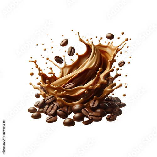Dynamic coffee bean splash illustration on a black background with rich, dark colors and a sense of movement.