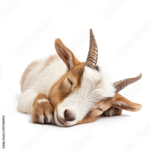 Adorable brown and white baby goat peacefully sleeping on a white background. Soft, natural light illuminates the