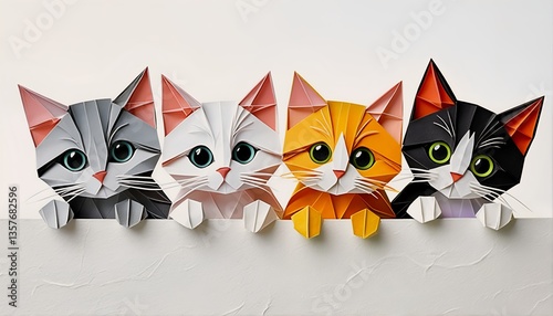 Cute Origami Cats Peeking Over a Wall. photo