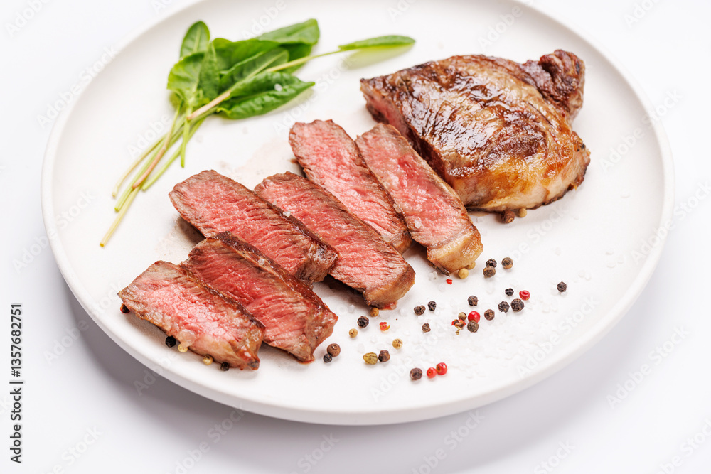 A perfectly cooked sliced striploin steak with a juicy, tender texture A perfectly cooked sliced striploin steak with a juicy, tender texture