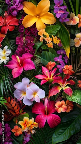 A vibrant assortment of tropical flowers in full bloom, arranged artfully in a lush, exotic garden setting.