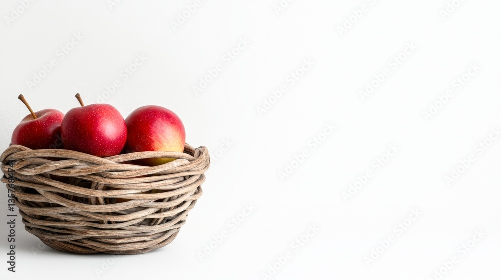 Bright red apples are arranged in a rustic woven basket, set against a minimalistic white background, This image can be used for health-related articles, recipes, or marketing fresh produce, Bright red apples are arranged in a rustic woven basket, set against a minimalistic white background, This image can be used for health-related articles, recipes, or marketing fresh produce,