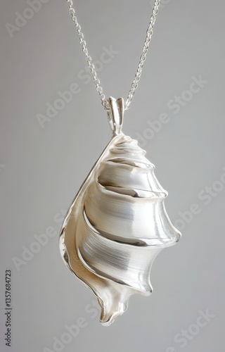 Silver seashell pendant necklace on gray background
 photo