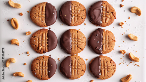 Chocolate dipped peanut butter cookies arranged in a row, rich sweet and salty treat for dessert