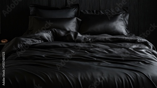 Bed in the bedroom with stylish black silk bedding. Close-up.