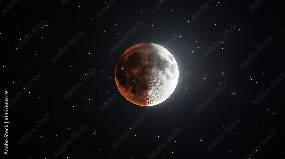 Obraz premium Half-lit moon, partially eclipsed, amidst a starry night