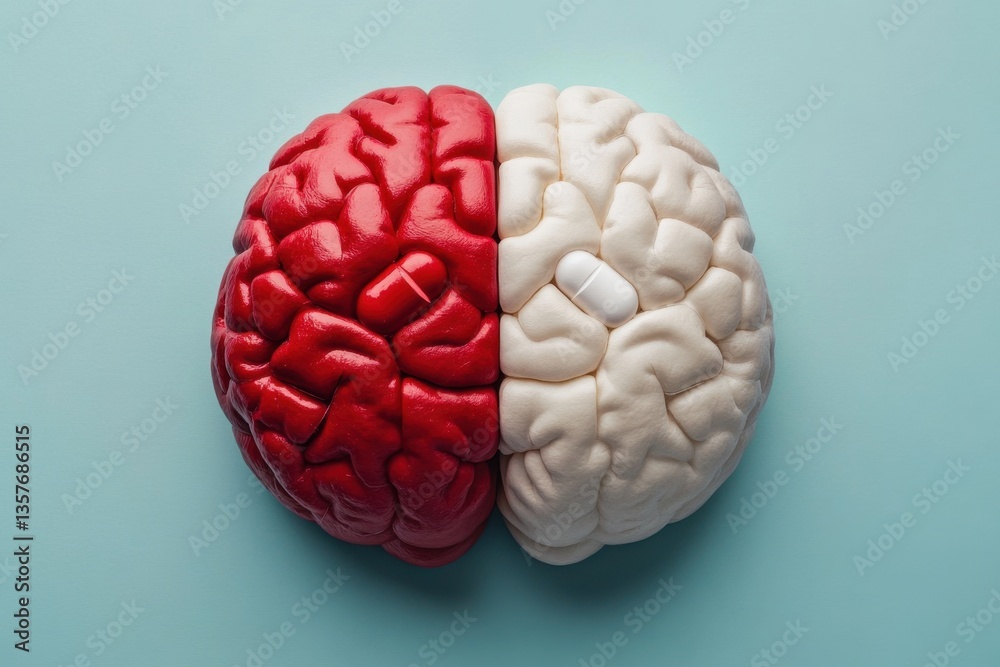 This photo depicts two halves of a human brain with one side colored red and the other side colored white The imprint of an opioid pill superimposed on a human brain . This photo depicts two halves of a human brain with one side colored red and the other side colored white The imprint of an opioid pill superimposed on a human brain .