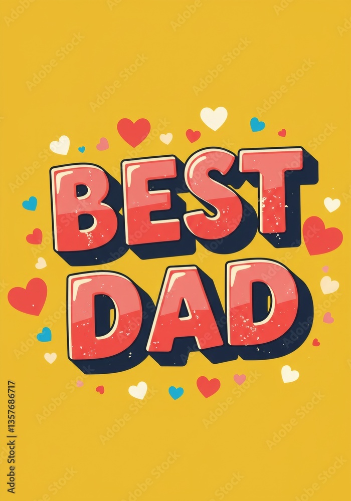 Best dad colorful text with hearts on yellow background. Father's Day greeting card design. Cheerful typography for paternal celebration and love concept Best dad colorful text with hearts on yellow background. Father's Day greeting card design. Cheerful typography for paternal celebration and love concept