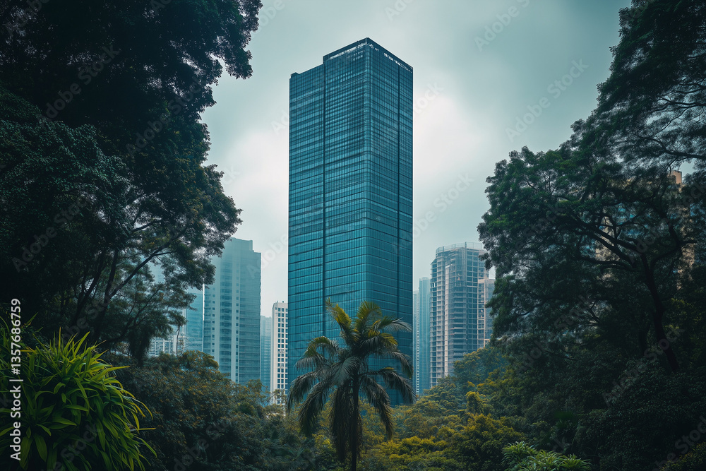 Towering Skyscrapers Amidst Lush Greenery – A Vision of Modern Urbanization
