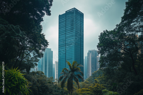 Obraz na płótnie Towering Skyscrapers Amidst Lush Greenery – A Vision of Modern Urbanization w salonie