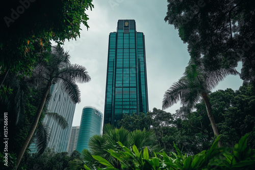 Obraz na płótnie Towering Skyscrapers Amidst Lush Greenery – A Vision of Modern Urbanization w salonie