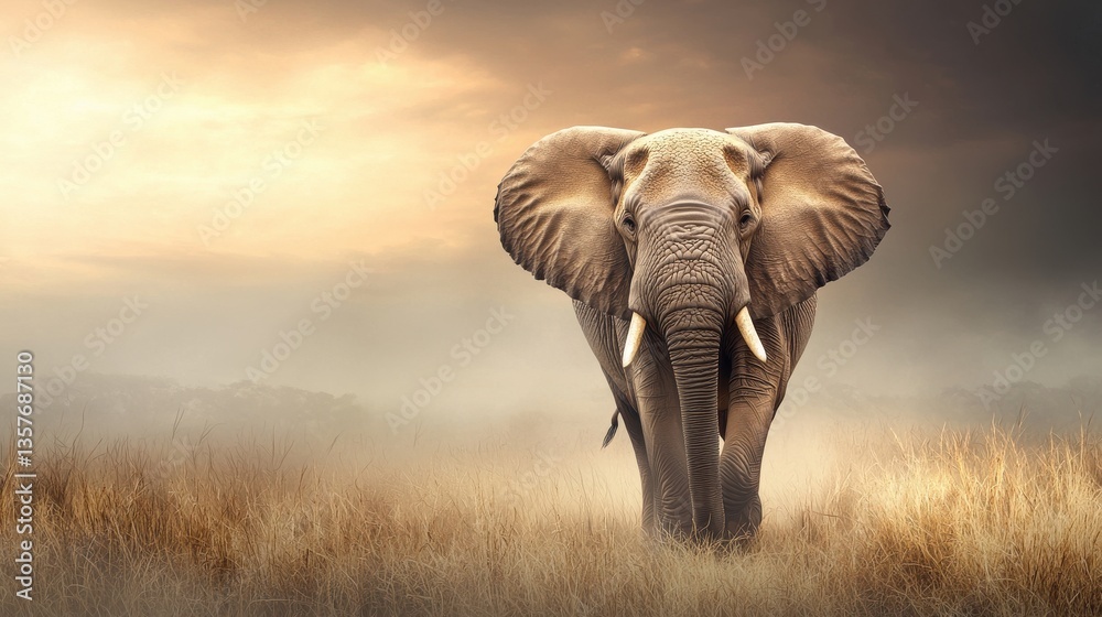 Fototapeta premium A Majestic African Elephant Walking Through Golden Savanna Grasslands Under a Breathtaking Sunset Sky at Dusk