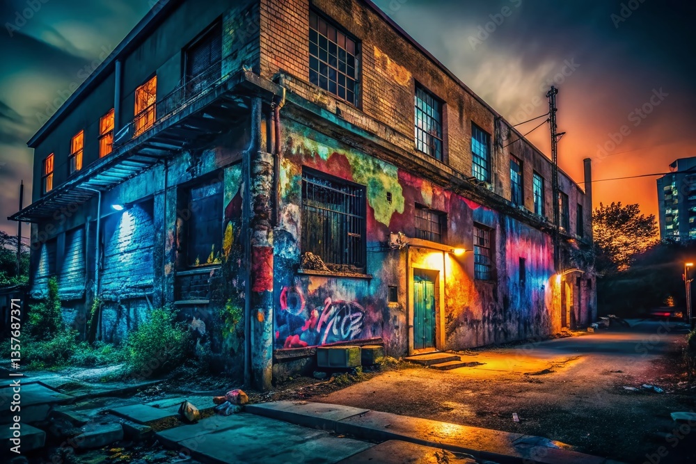 Fototapeta premium Nighttime Urban Exploration: Abandoned Building, Dark Cityscape, Mysterious Shadows