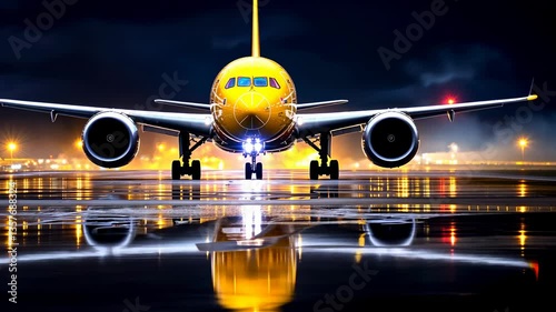 Yellow Airplane Taking Off on a Rainy Runway