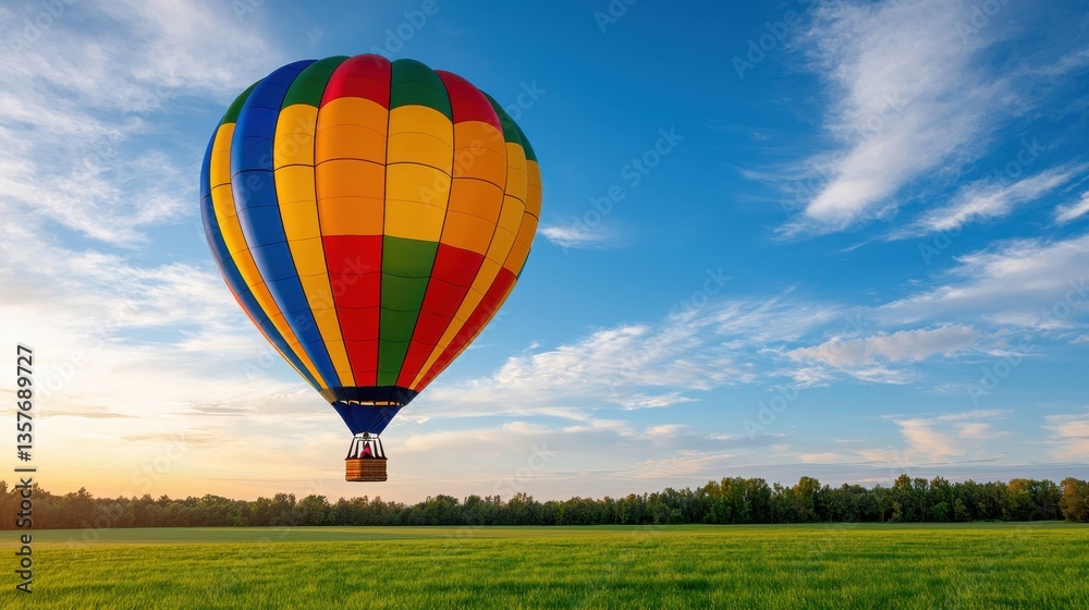 Obraz premium A Vibrant Hot Air Balloon in Colors Against a Stunning Sunset Sky Over a Green Field Captures Nature's Essence and Beauty